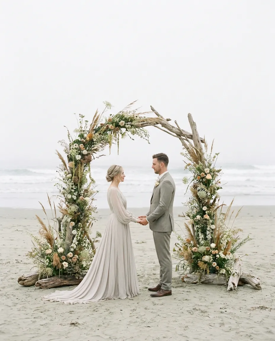 An intimate beach ceremony beneath a floral arch