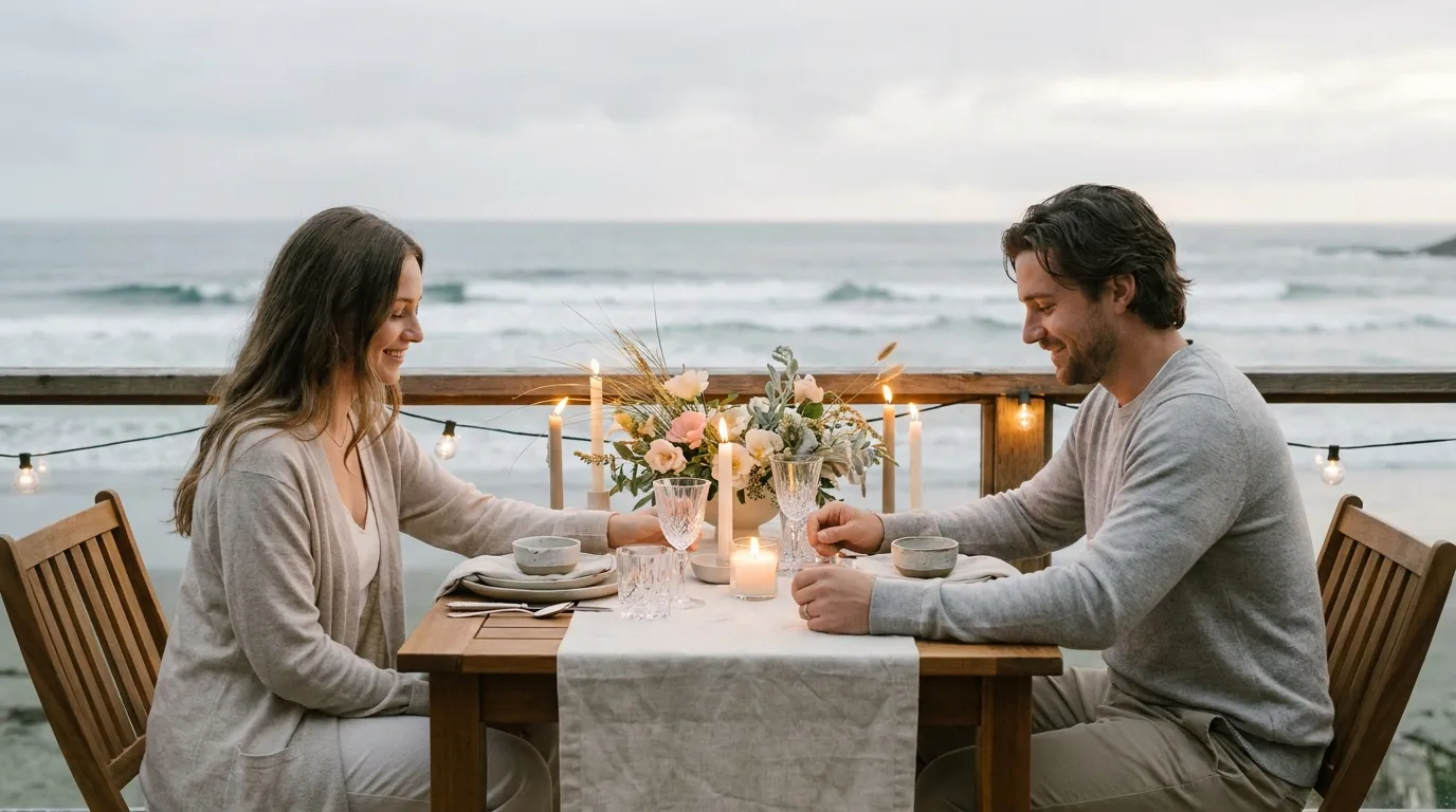 An intimate candlelit elopement dinner on a Tofino oceanfront deck