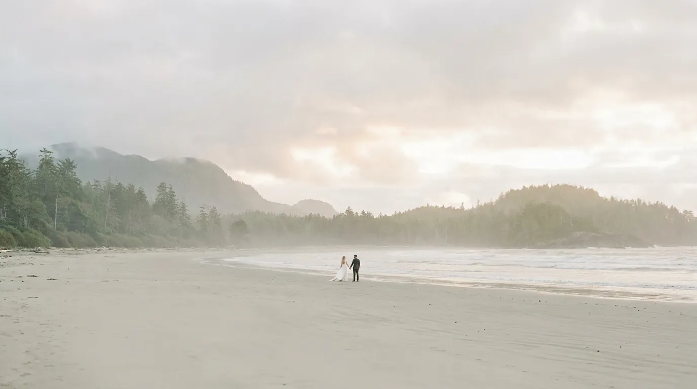 A couple eloping on a misty Tofino beach at golden hour